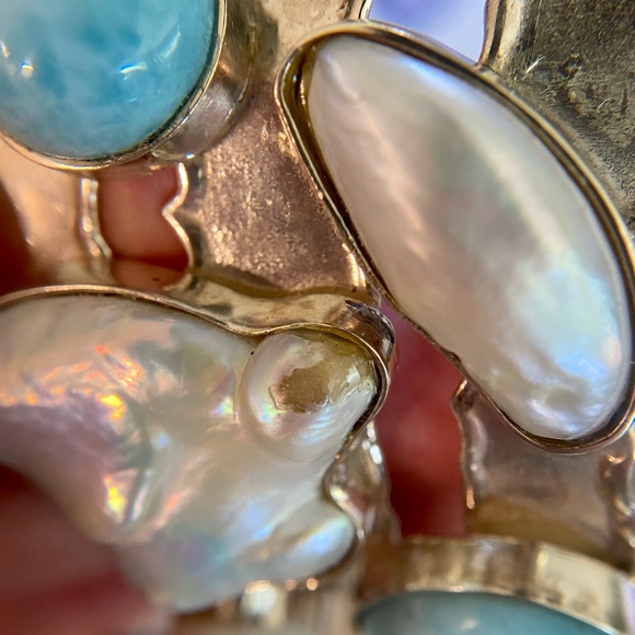 Sterling Silver Larimar & Pearl Cuff Bracelet - Picture 8 of 9